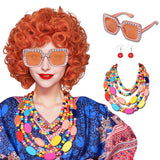 FantaLook Curly Orange Red Cosplay Wig with Necklace Earrings and Sunglasses for Women Halloween Costume