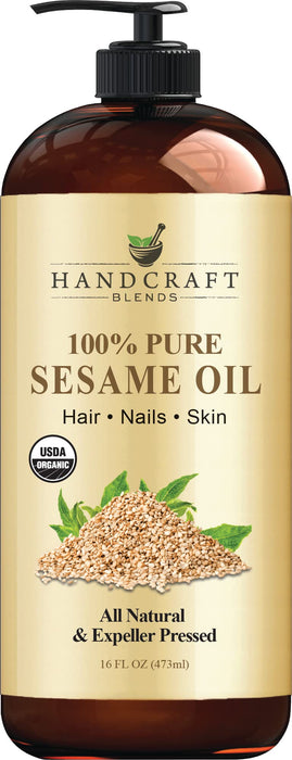 Handcraft Blends Organic Sesame Oil - 16 Fl Oz - 100% Pure and Natural - Premium Grade Hair and Body Oil - Carrier Oil - Massage Oil - Expeller-Pressed and Hexane-Free