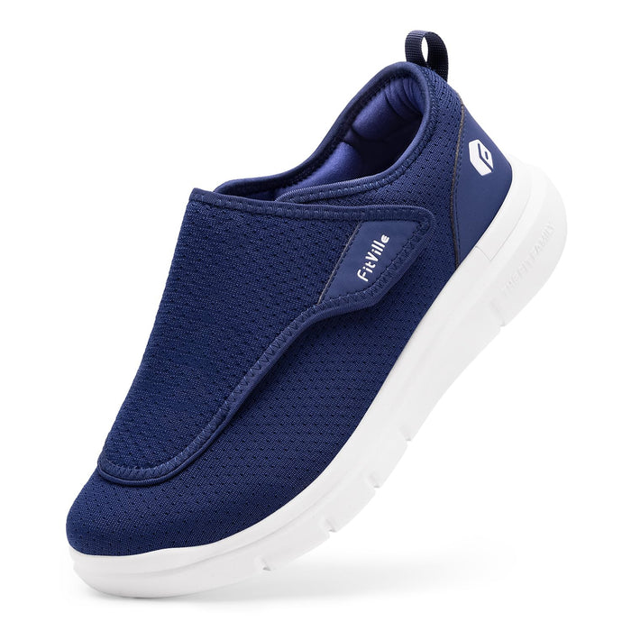 FitVille Diabetic Shoes for Men Extra Wide Slip-on Shoes for Swollen Feet Adjustable Walking Shoes for Elderly Foot Pain Relief Neuropathy - EasyTop Wings Navy Blue
