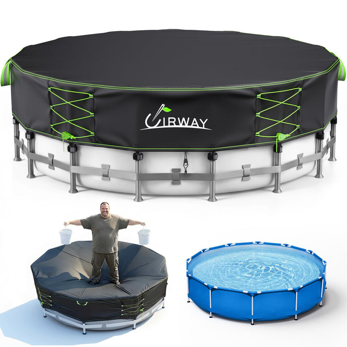 Uirway 600D Upgraded 12ft Round Pool Cover For Above Ground Pools, Solar Pool Cover Windproof Ratchet Locking System & Reflective Drawstring, heavy duty Pool Covers UV Protection, With Anti-Slip Strap
