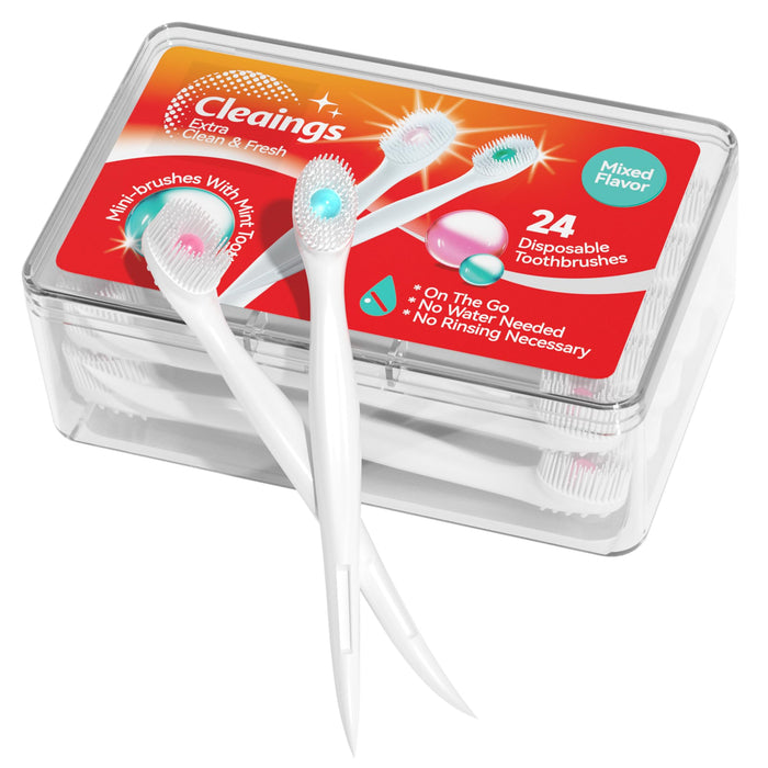 cleaings® Mini Brushes-Disposable Toothbrushes with Toothpaste and Pick for Work or Travel, 24 Count (Iced Peach Flavor（Pack of 1）)