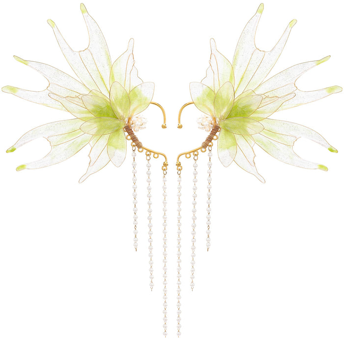 FRESHME Mermaid Elf Ear Cuffs - Fairy Ears Elven Mermaid Green Auricular Fins Earring with Tassel Non Piercing Ear Clips Dress Up Cosplay Renaissance Christmas Halloween Accessories for Women Adult