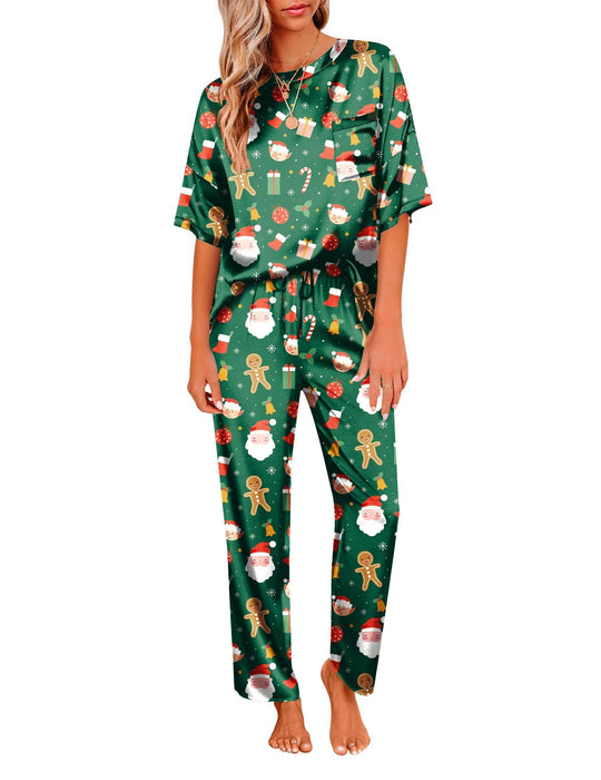 Ekouaer Christmas Pajamas Christmas Pj Set Christmas Outfit Silk Pajama Set Womens Sleepwear Satin Pant Set Soft Christmas Lounge Set Green Christmas Satin Loungewear Set Pijamas Green Christmas M