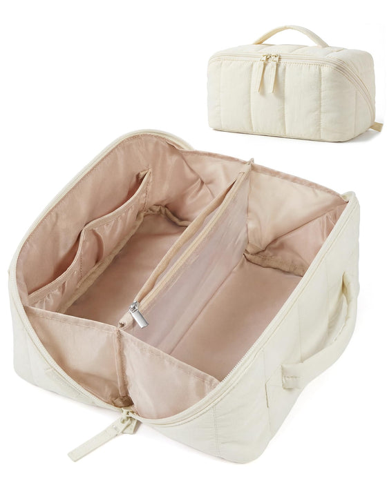 BAGSMART Travel Makeup Bag for Women, Portable Water-resistant Cosmetic Case, Puffy Padded Make Up Organizer Pouch, Open Flat Toiletry Bag for Toiletries, Brushes, Light Beige