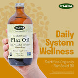 Flora Certified Organic Flax Seed Oil - Cold Pressed & Unrefined - Non-GMO, Gluten-Free, Kosher Omega Flax Oil Blend - Essential Fatty Acids for Wellness - Amber Glass Bottle - 32 oz