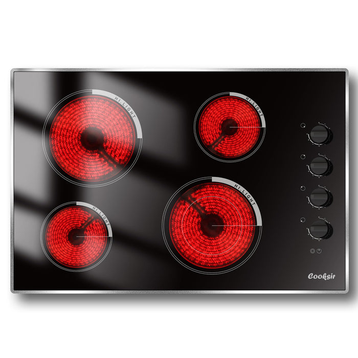 Cooksir Electric Cooktop 30 Inch - 4 Burner Built-in(29.13"x19.3") Electrical Stovetop 7400W, 30 In Radiant Electric Stove with Glass Protection Metal Frame, Auto Shut Off, 220-240V Hard Wired