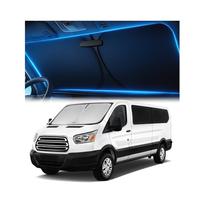 Windshield Sunshade for Ford Transit 2015-2026 Wagon XL/XLT, Cargo, Connect Van XL – Upgraded Double-Layer Design, Mirror Cut-Out, Blocks 99% UV Rays, Easy-Fold Ford Transit Windshield Sun Shade