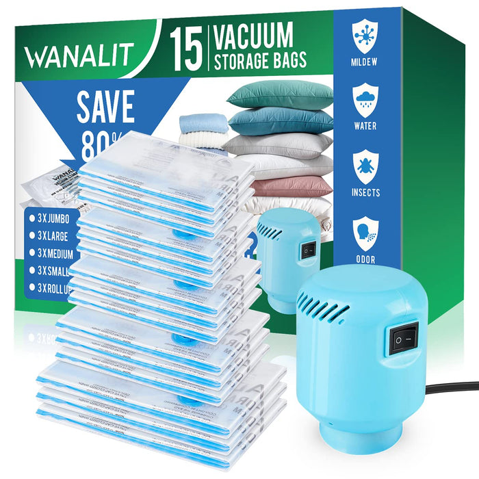 Vacuum Storage Bags with Electric Air Pump, New Air Valve 15 Pack (3 Jumbo, 3 Large, 3 Medium, 3 Small, 3 Roll Up Bags) Space Saver Bag, Vacuum Sealer Bags for Clothes, Pillows, Comforters, Travel