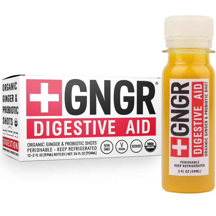 +GNGR Digestive Aid Organic Ginger Shots with Probiotics, Gut Health, Liver Cleanse, Bloating Relief, Detox Immunity Shots with Ginger Juice, Turmeric Root, Black Pepper. USDA (2 Oz, Pack of 12)