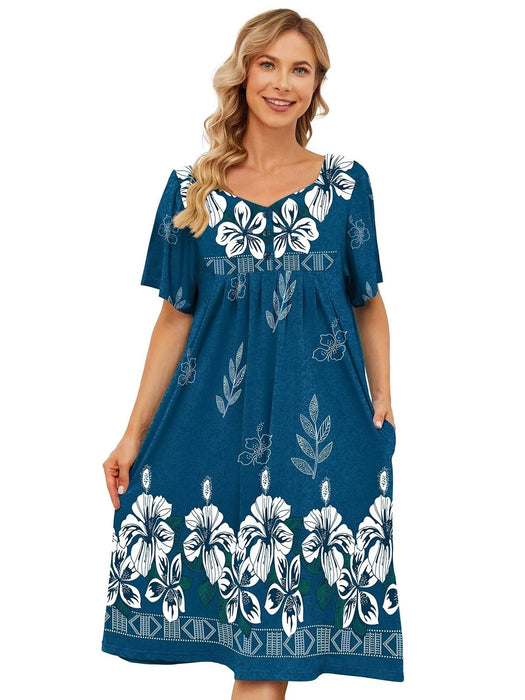 udforsk Muumuu Dresses for Women Plus Size Nightgowns with Pockets House Dresses for Elderly Soft for Older Women Loungewear for Womens Night Gowns Blue 4XL