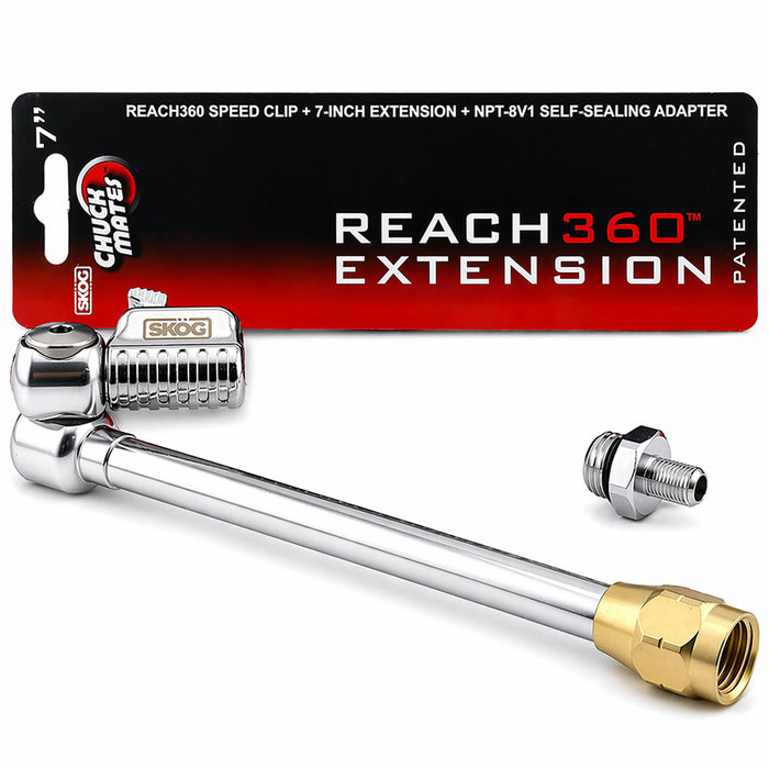 SKÖG Chuck Mates Reach360 Articulating 7-inch Extension for Tire Inflators | 1/4" F-NPT & Schrader Adapter | Dually Trucks RV Bicycle Car Semi