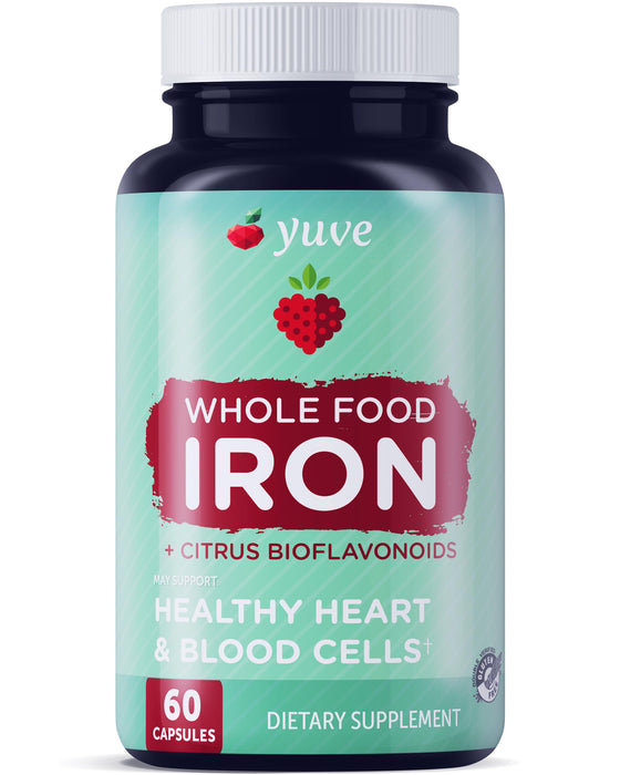 Yuve Whole Food Chelated Iron 18 mg Supplement - Formulated for Maximum Absorbption - Supports Healthy Heart & Blood Cells - Boosts Energy & Cognitive Functions - Vegan, Non-GMO, Gluten-Free - 60 Caps