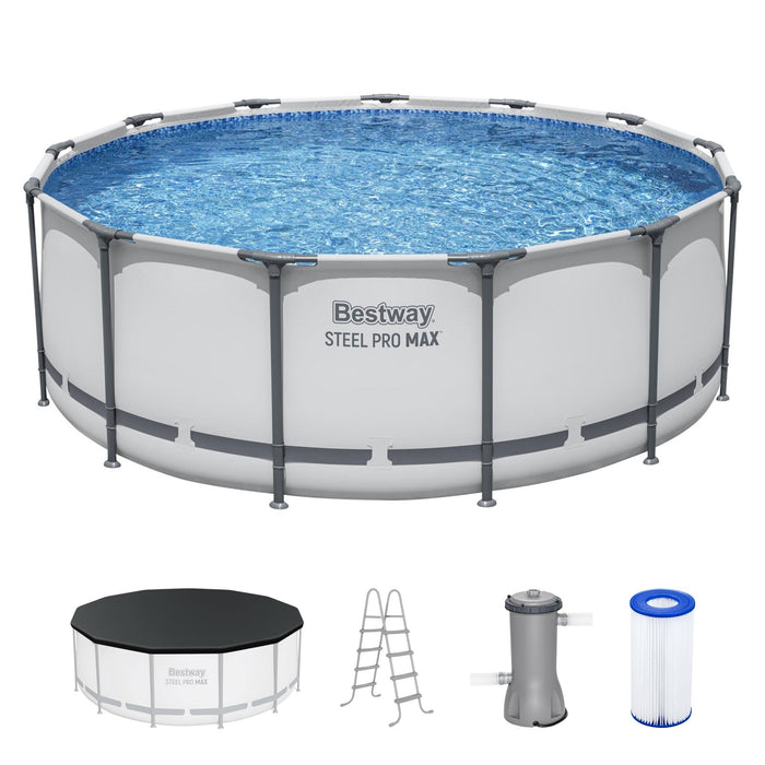 Bestway Steel Pro MAX 13' x 48" Above Ground Pool, Round Metal Frame Outdoor Swimming Pool Set with Filter Pump, Ladder, and Cover, Gray