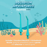 AquaSonic Kids' Water Flosser for Ages 6+ | Standard Nozzle, Orthodontic Nozzle & Waterproof Stickers | 4 Flossing Modes | Aquarium Adventures Theme (Pink)