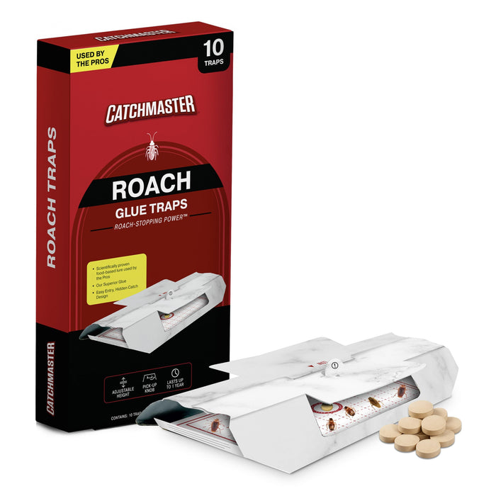 Catchmaster Cockroach Trap with Powerful Food-Based Bait – Glue Traps (10-Pk) Roach Killer for House – Kitchen, Bathroom & Garage, Indoor Pest Control and Bug Catcher Solution