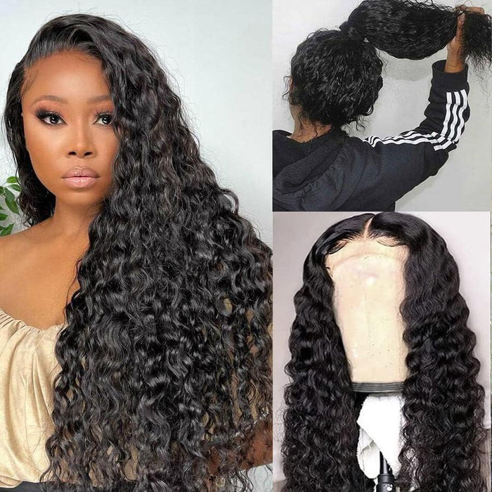 13x4 HD Transparent Lace Front Wigs Human Hair with Baby Hair Bleached Knots Black Color 180% Density Brazilian Deep Wave Frontal Wig Curly Wigs for Black Women (26 Inch, Natural Black)