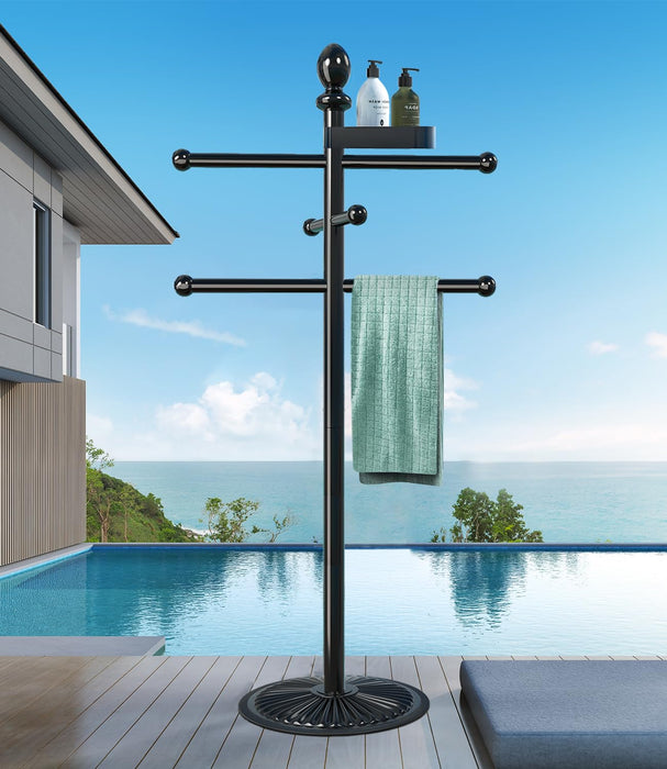 Pool Outdoor Towel Rack, Metal Heavy Duty Never Tilt Pool Accessories with Heavy Metal Base, 6 Bars Hot Tub Accessories Towel Dying Rack Towel Stand for Pool, Spa