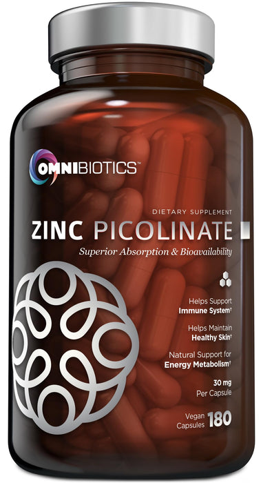 Zinc Picolinate 30 mg by OmniBiotics | Superior Absorption, Natural Support for Immune System and Energy Metabolism | Helps Maintain Healthy Skin | 30mg per Capsule Zinc Supplement| 180 Vegan Capsules