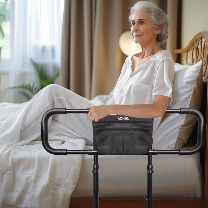 Bed Rails for Elderly Adults Safety with Adjustable Heights Storage Pocket Assist Support Side Railings for Seniors Citizens Slides Under Mattressbed Cane Bed Guard Bed Handles Bars (Black)