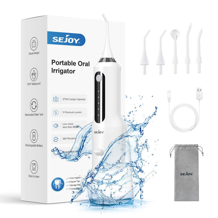 Sejoy Water Flosser, Water Dental Flosser Water Flosser Cordless Rechargeable, Oral Irrigator Rechargeable for Home Travel Office, 270ML IPX7 Waterproof 5 Cleaning Modes and 5 Jet Tips