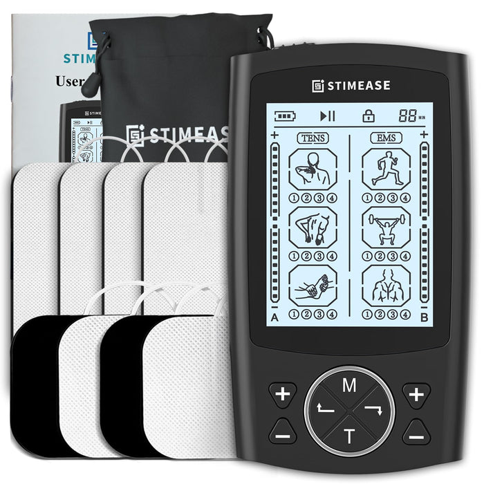 STIMEASE Tens Unit Muscle Stimulator, Dual Channel TENS EMS Machine, 24 Modes Muscle Massager with Upgraded Electrode Pads for Pain Relief Therapy, Electronic Back Massage, Drawstring Storage Bag