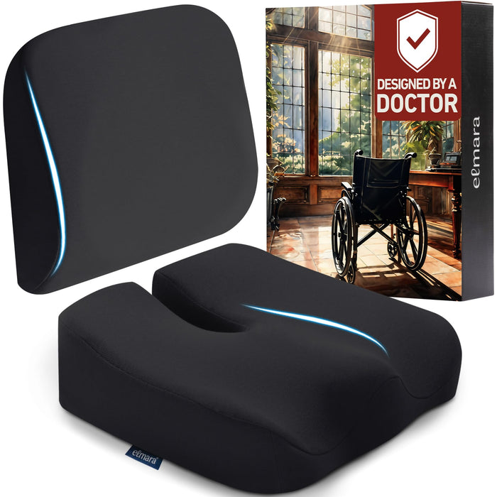 Elmara Wheelchair Seat Cushion Set – Relieve Back, Coccyx, Sciatica Pain – 18"x17"x4" Non-Slip Wheelchair Cushions for Pressure Relief, Wheel Chair Cushions for Seniors, Cushion for Wheelchair (Black)