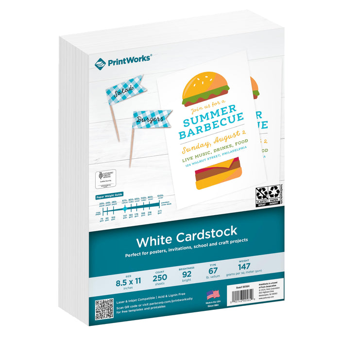 PrintWorks White Cardstock 8.5" x 11" - 67 lb/147 gsm Vellum Bristol - 250 Sheets - Made in the USA - SFI® Certified - 92 Bright - Card Stock Printer Paper for School, Craft, & Office Use (00564)