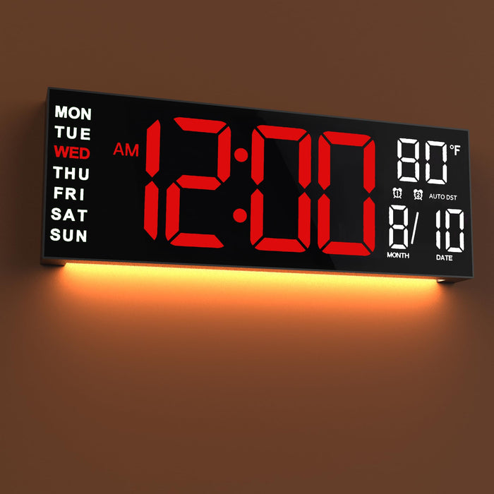 JALL 16" Large Digital Wall Clock Timer, Remote Controll, 2 Alarms, LED Display, 8 RGB Color, Auto DST, Temperature for Living Room, Bedroom, Desk, Mounted, Gift for Elderly (Red White, 16 inches)