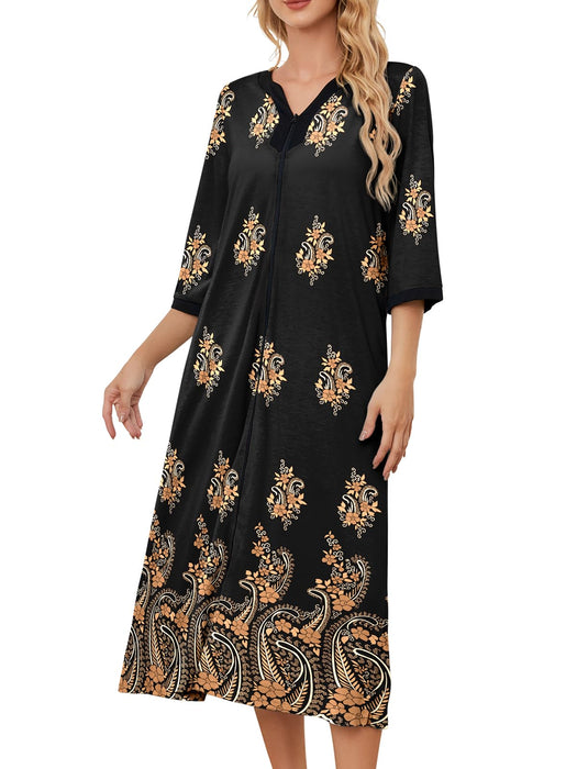 PITINAN Mumu Womens Lounge Dress with Pockets Cotton House Dresses for Elderly Moomoo Dresses for Women Zip up Robe Black Paisley L