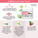 CLEAR 40 +SA, 40% Urea Gel + 2% Salicylic Acid, 4 oz w/Tea Tree & Coconut Oil, Aloe Vera, Callus & Corn Remover Softens Cracked Heels, Feet, Elbows, Hands, Nails, Superior hydration to Urea Creams