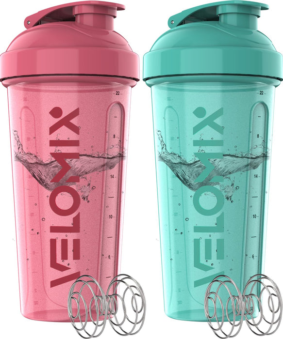 VELOMIX -2 Pack- 28 oz Protein Shaker Bottles for Protein Mixes - 2x Wire Whisk | Leak Proof Shaker Cups for Protein Shakes | Protein Shaker Bottle Pack | Shakers for Protein Shakes-Pink&Turquise