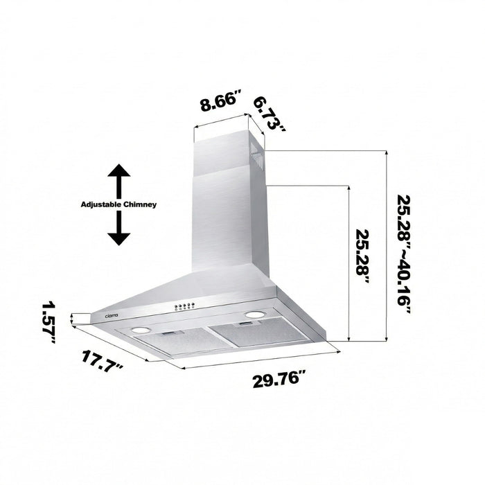 CIARRA Range Hood 30 inch Wall Mount 550CFM Ducted Ductless Stove Vent Hood with 2 LED Light for Kitchen, Stainless Steel, Push Button, Easy to Install, CAS75206P-N