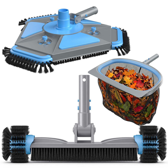 UIRWAY 3-in-1 Deluxe Swimming Pool Cleaning Kit - Includes Upgrade Heavy Duty Triangular Pool Vacuum Head, Detachable Brush, Deep Leaf Skimmer Net Inground & Above Ground Pools Cleaning(No Pole)