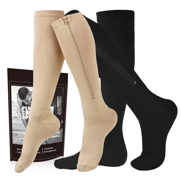 cerpite Zipper Compression Socks Men & Women - 2 Pairs Of 15-20mmhg Closed Toe Compression Socks Knee High,Suit For Running