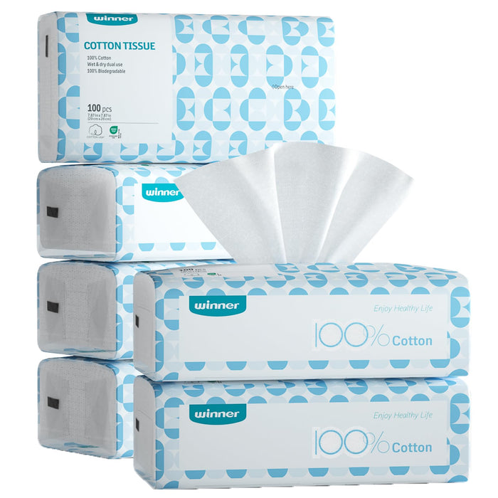 Winner Soft Face Towels - 100% USA Cotton Dry Wipes, 600 Count Unscented Cotton Tissues for Sensitive Skin, OEKO-TEX Certified Face Towelettes Disposable, Makeup Remover Facial Towels, 6 Pack