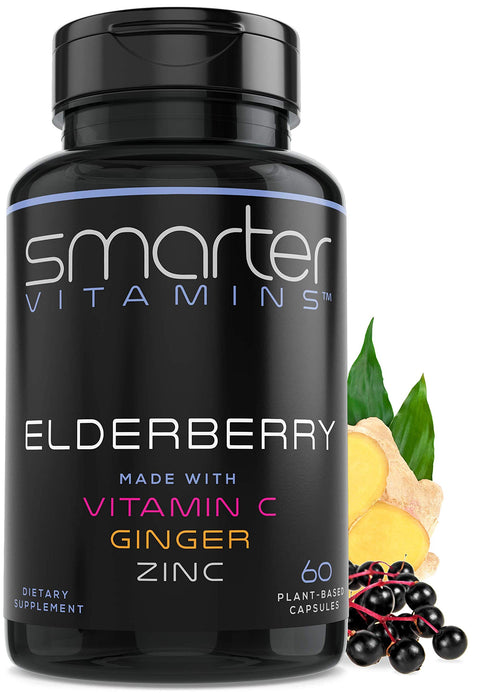 Smarter Elderberry Capsules + Vitamin C + Ginger & Zinc, Herbal Supplement for Immune Support, Powerful Black Elder Berry Extract Antioxidant Vitamin, 60 Vegan Pills