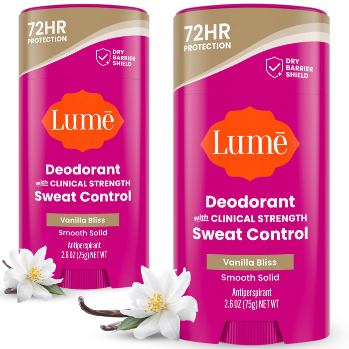 Lume Deodorant Plus Sweat Control - Smooth Solid Stick - Maximum Strength Antiperspirant - 72 Hour Odor And Sweat Control - Baking Soda Free, Skin Loving - 2.6 ounce (Vanilla Bliss) Pack of 2
