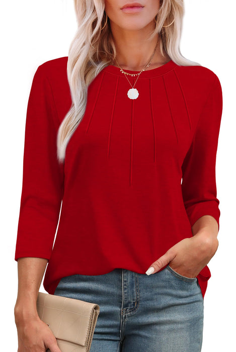 XIEERDUO 3/4 Length Sleeve Womens Tops Plus Size Round Neck Pleated Tunic Tops Loose Fit Christmas Red XXL