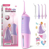 Kids Water Flosser Deep Cleaning Picks, Portable, 4 Modes for Ages 6+ Safe Waterproof Flosser Rechargeable with 4 Jet Tips for Gums Care F5023 Pink Purple