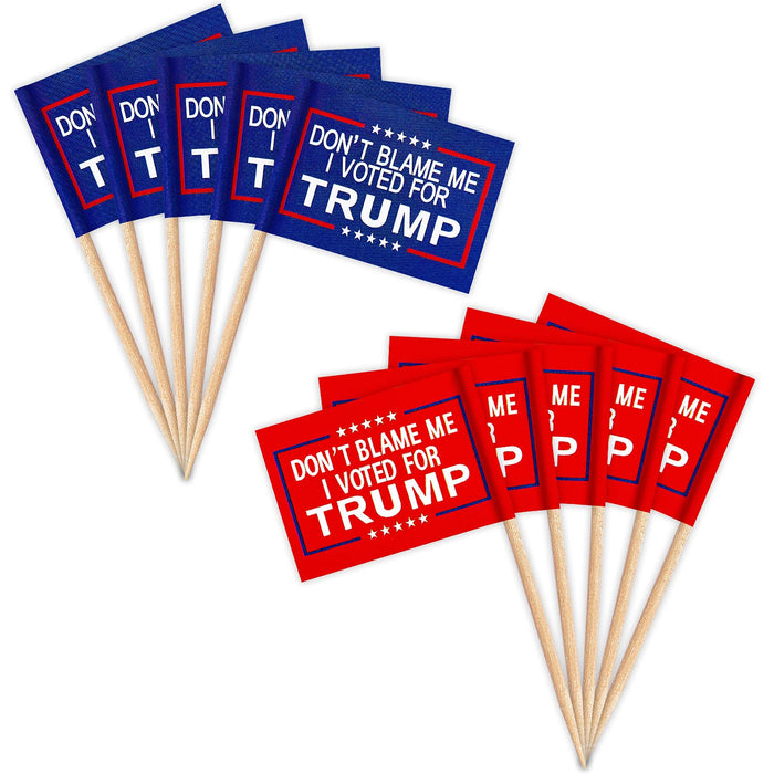 ZXvZYT Dont Blame Me I Voted for Trump 2024 Flag Toothpick,Small Mini Donald Trump Cupcake Toppers Stick flags Decoration(50Pcs Blue and 50Pcs Red)