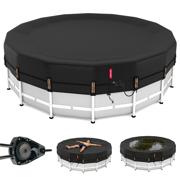 QH.HOME 16ft Round Pool Cover,[Ultimate Windproof & Tear-Resistant Fabric],Snug Fit with Patented Ratchet & Weight Rings,Solar Pool Cover for Above Ground Pools, Blocks Leaves &Waterproof