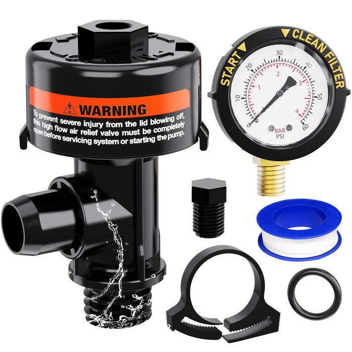 Manual Air Relief Valve for Pool and Spa Filters, Pool Filter Air Relief Valve with Pressure Gauge Replacement, Air Relief Valve for Pool Filter, Includes Gauge Plug, Pressure Gauge, O-Rings, Clips.