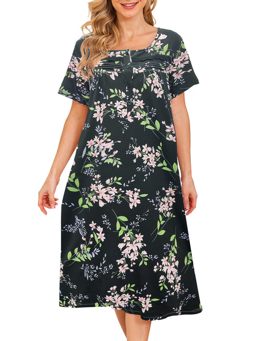 Bloggerlove Short Sleeve House Dress for Women Dusters Lounge Dress Patio Dress Moo Moo for Women Casual House Coats for Elderly
