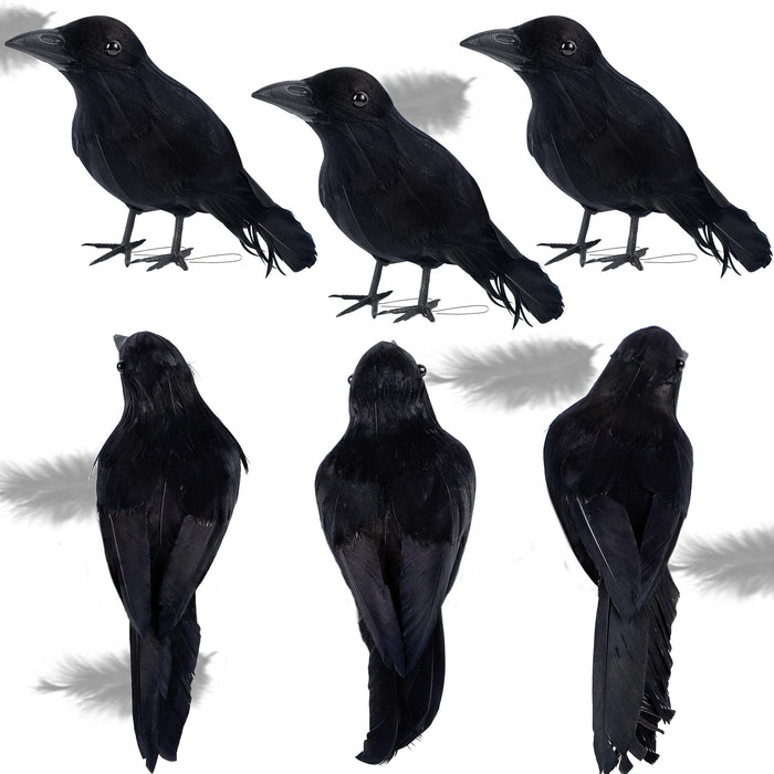 ATDAWN 6 Pack Halloween Black Feathered Crows, Realistic Halloween Birds Decoration for Spooky Décor