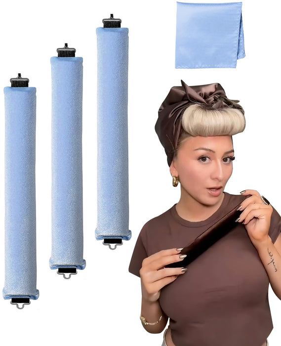 Velvet Heatless Curling Set No Heat Hair Curlers Overnight Curls Blowout Rods, Soft Large Hair Rollers to Sleep in Heatless Curls for Long Hair Blowout Look | Heatless Curling Rod Headband Blue