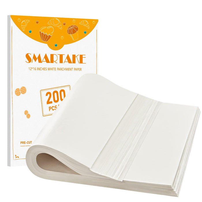 SMARTAKE 200 Pcs Parchment Paper Baking Sheets, 12x16 Inch Non-Stick Precut Baking Parchment, Suitable for Baking Grilling Air Fryer Steaming Bread Cup Cake Cookie and More (White)