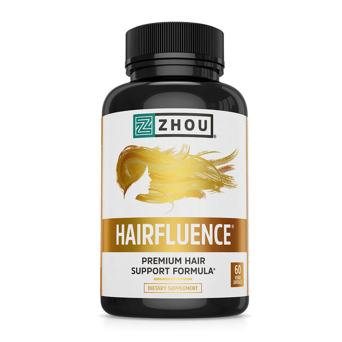 Zhou Hairfluence, Hair Growth Supplement with Biotin 5000mcg, Collagen, Keratin, Vitamin A, C, D3 & B12, Stronger Hair Skin and Nails, Non-GMO, Gluten Free, 60 Veg Caps