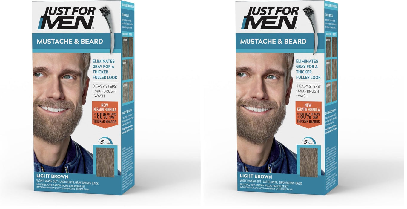 Just For Men Mustache & Beard, Beard Dye for Men with Brush Included, With Keratin Biotin Aloe and Coconut Oil for Healthy Facial Hair - Light Brown, M-25, Pack of 2 (Packaging May Vary)