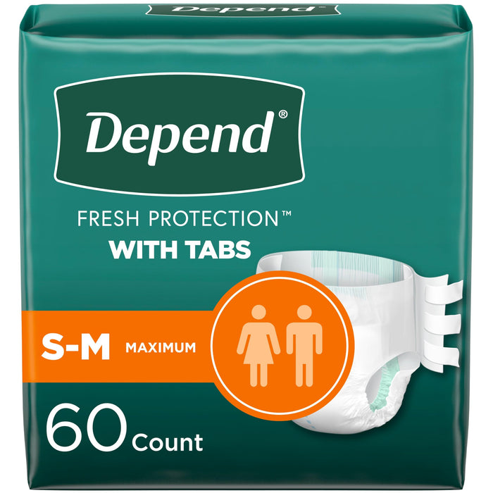 Depend Incontinence Protection with Tabs, Unisex, Small/Medium (19–34" Waist, Up To 170 lbs), Maximum Absorbency, 60 Count (3 Packs of 20)