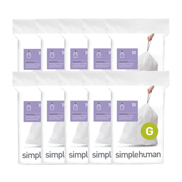 simplehuman Code G 200 Count,Genuine Custom Fit Liners, Drawstring Trash Bags in Dispenser Packs, 30 Liter / 8 Gallon, White